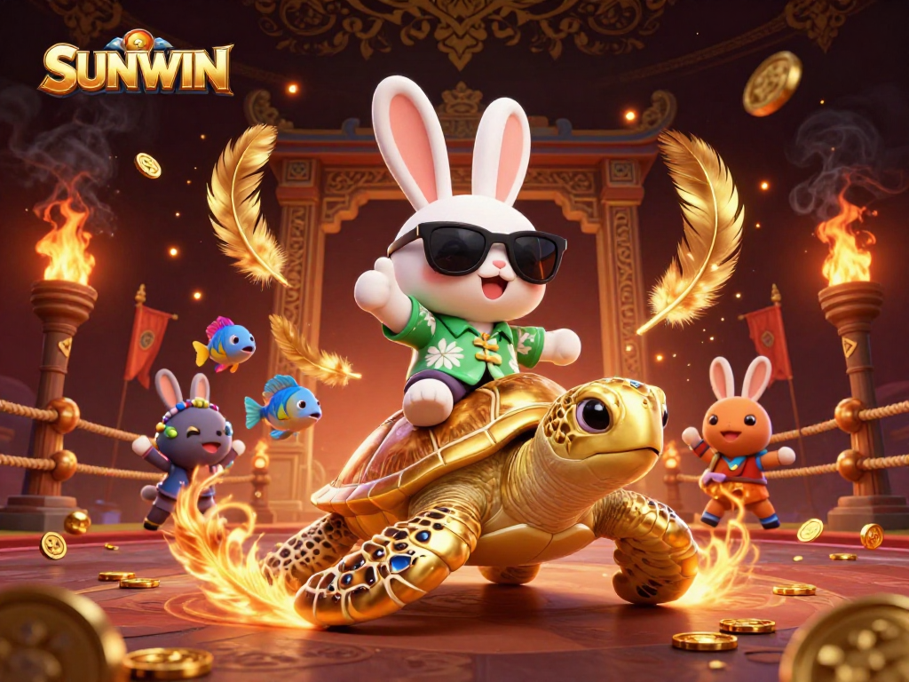 Join the fun at SUNWIN with a lucky rabbit and golden turtle, surrounded by vibrant casino elements.