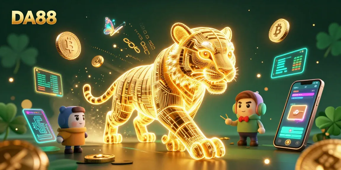 Engage in the thrilling DA88 casino experience with a golden tiger roaming a vibrant digital landscape.