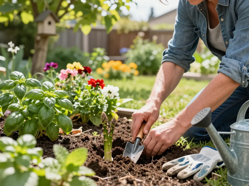 Planting groene asperges planten in a vibrant backyard garden with fresh herbs.