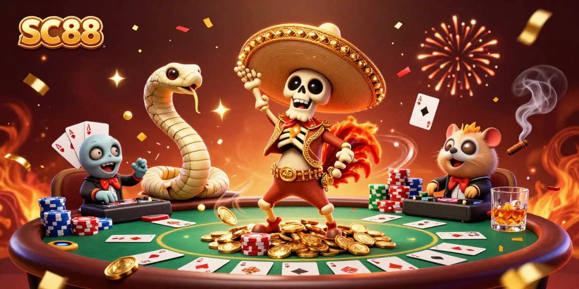 Win big at SC88 with vibrant animated casino characters celebrating around poker elements.
