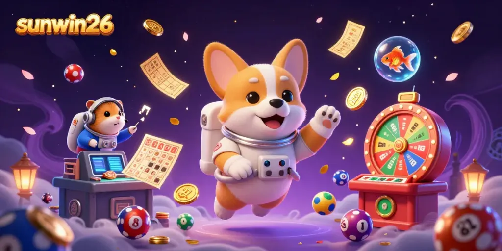 Experience excitement with sunwin26 in this dynamic casino scene featuring a playful astronaut corgi and vibrant game elements.
