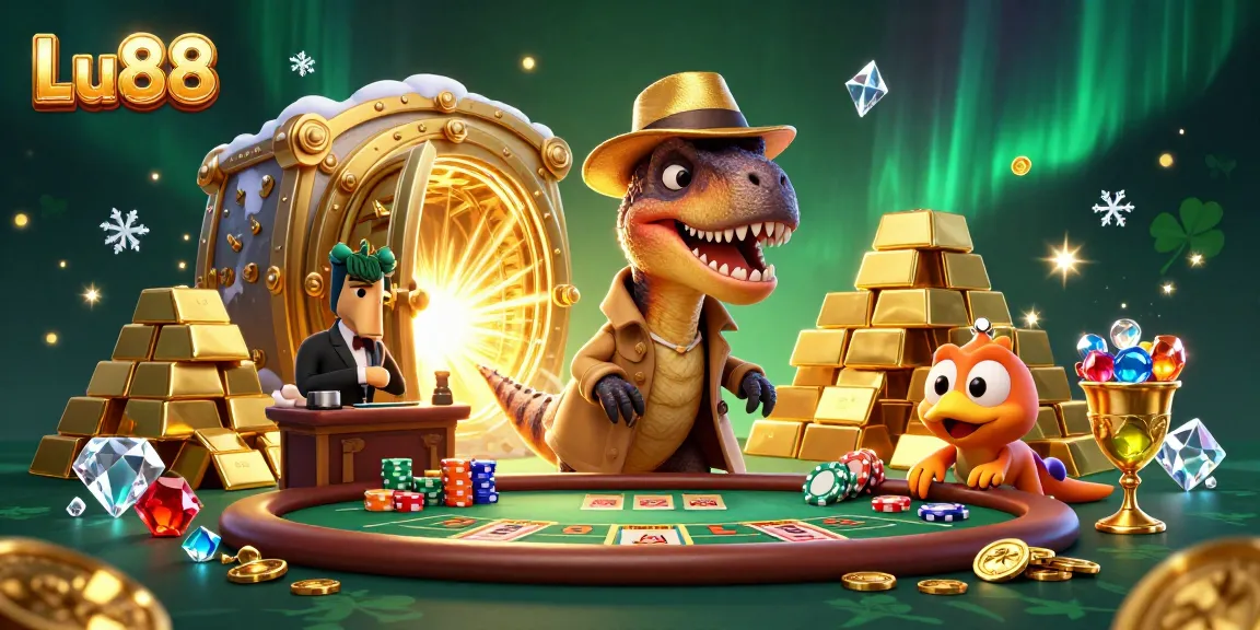 Experience the excitement of Lu88’s vibrant casino atmosphere with treasure and animated characters.