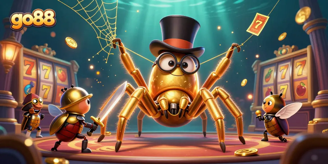 Engage with go88's thrilling slots scene featuring a golden tarantula and beetle knight in action.