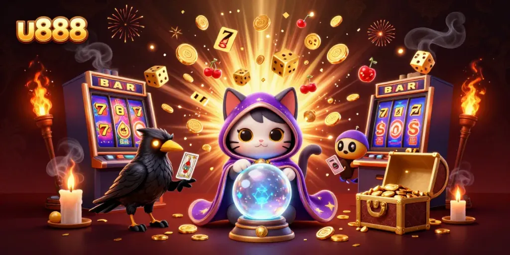 Experience thrilling wins at u888 with vibrant casino characters surrounded by jackpots and gaming elements.