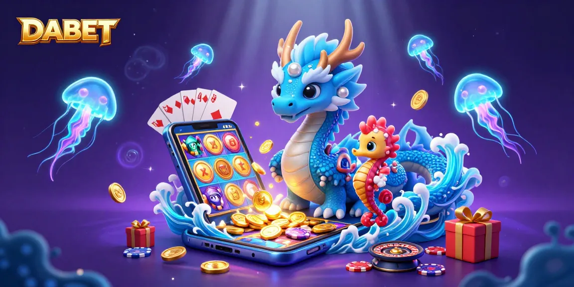 DABET's stunning underwater gaming illustration featuring a majestic water dragon and vibrant slot game elements.