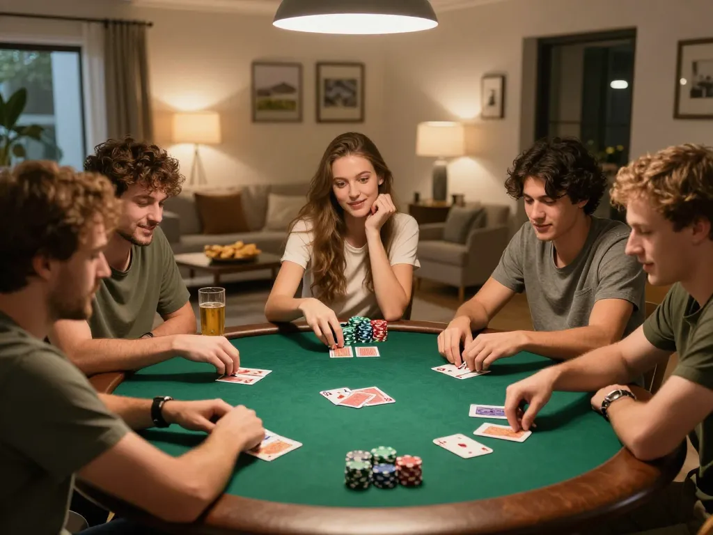MAY88 players enjoying an exciting home poker game with chips and cards on the table