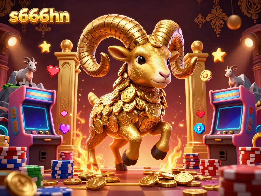 Experience thrilling gameplay with s666hn's vibrant casino scene featuring a golden ram and arcade elements.