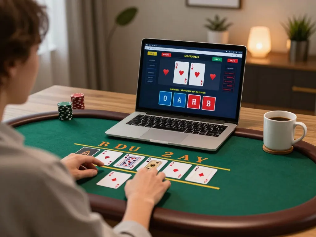 CM88 player engaging with live dealer blackjack on laptop in a stylish home setup