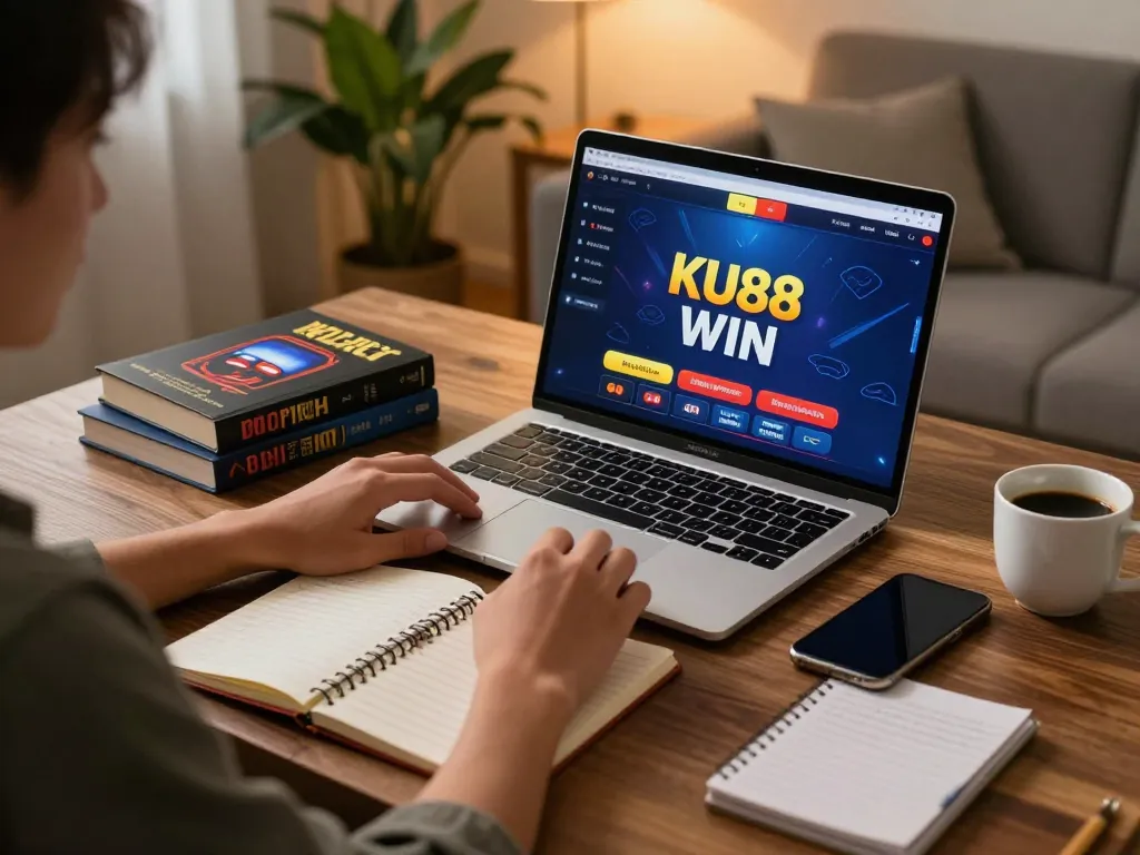 Engaging online betting scene with laptop displaying KU88 WIN, showcasing strategic gameplay.