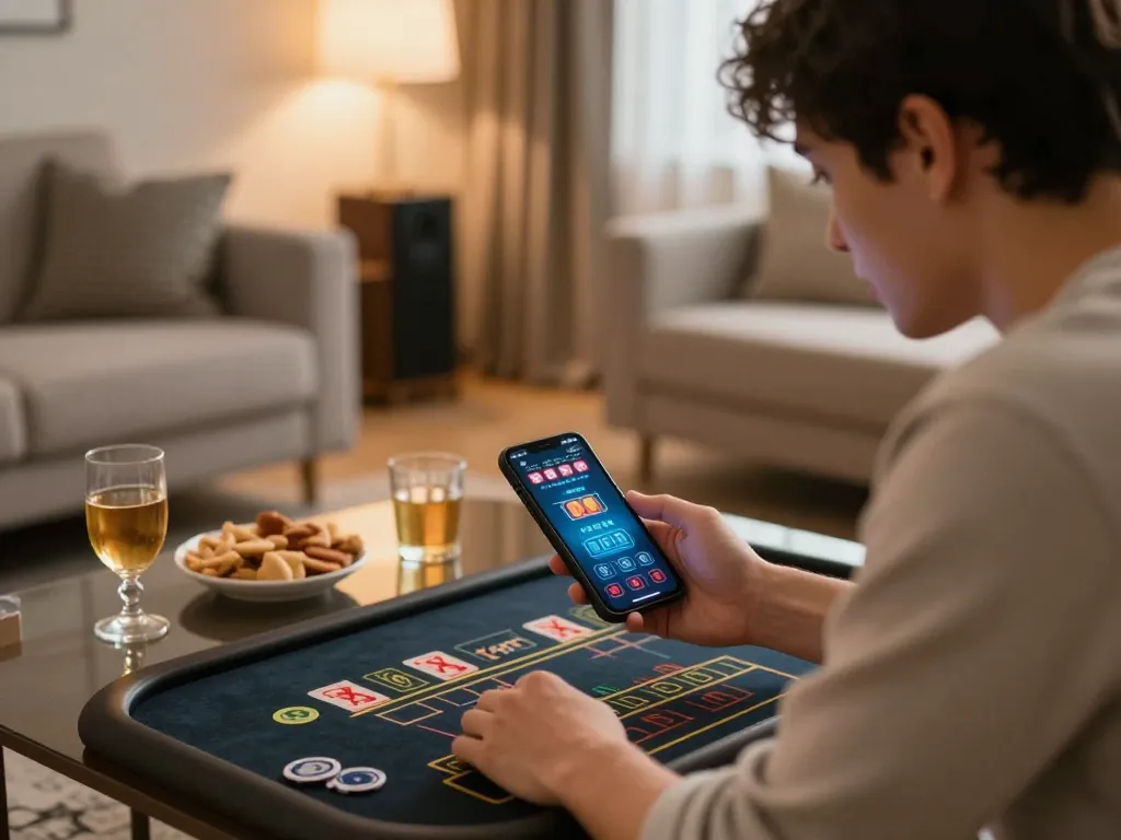 xóc đĩa gameplay on smartphone with intense focus in a cozy living room setting