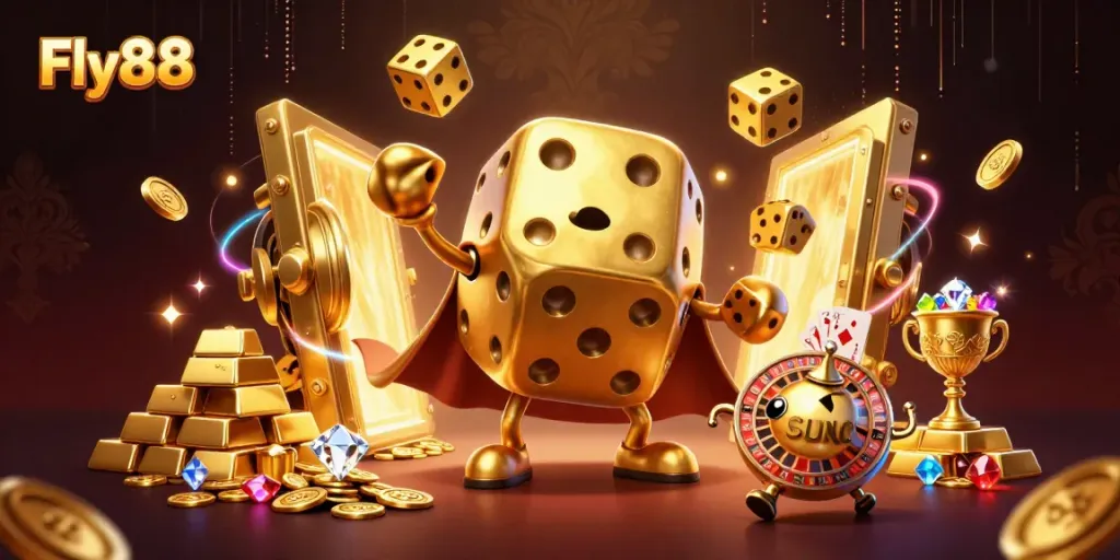 Experience a vibrant Fly88 scene featuring a golden dice golem and sparkling treasures in a dynamic casino atmosphere.