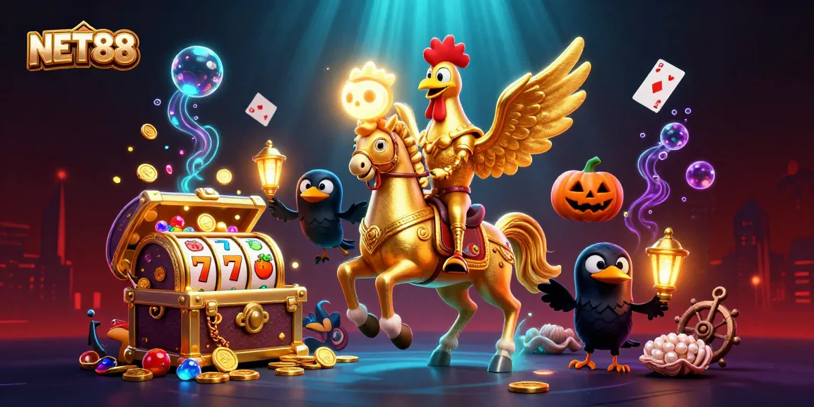 Experience the excitement of NET88 with a vibrant 3D casino scene featuring unique characters and dynamic elements.