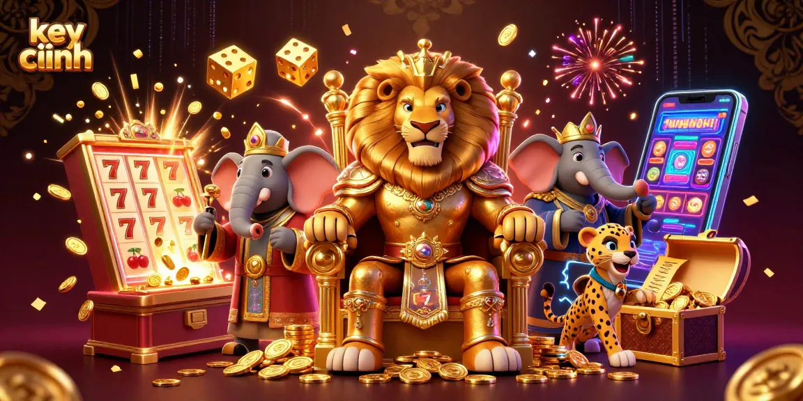 key chính illustrates a vibrant 3D casino scene featuring a lion king, elephant advisor, and cheetah messenger with casino game elements.