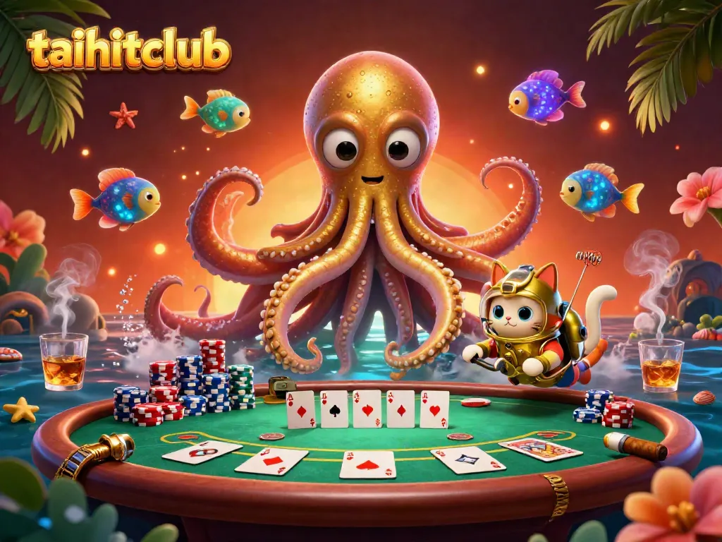 Engage with the thrilling taihitclub experience showcasing a kraken, diving cat, and vibrant poker scene.
