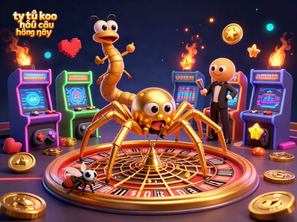 Engage in tỷ lệ kèo nhà cái hôm nay as the golden spider spins a roulette-inspired web amidst vibrant gaming elements.