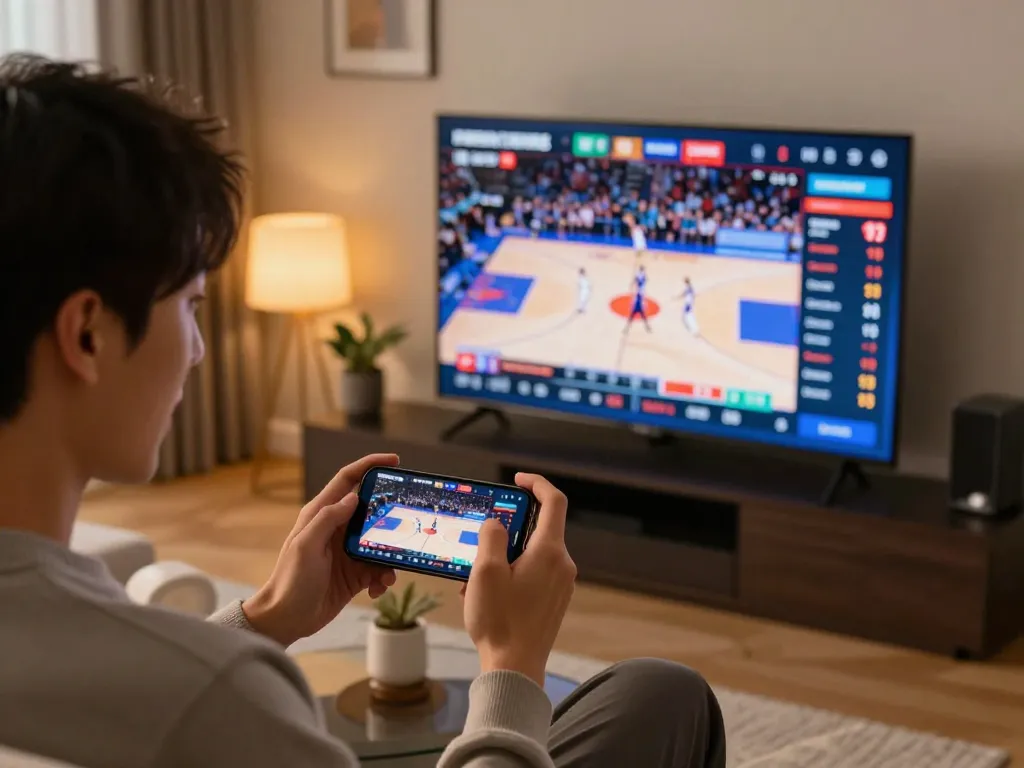 Live sports betting on nk88, person excitedly placing bets on a smartphone in a cozy setting.