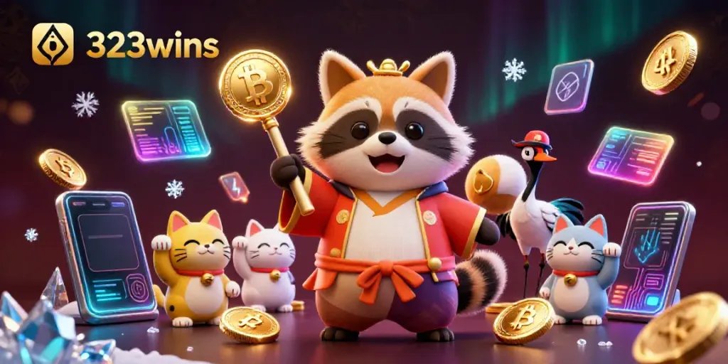 Experience the vibrant energy of 323wins with cheerful characters and crypto elements in a festive casino setting.