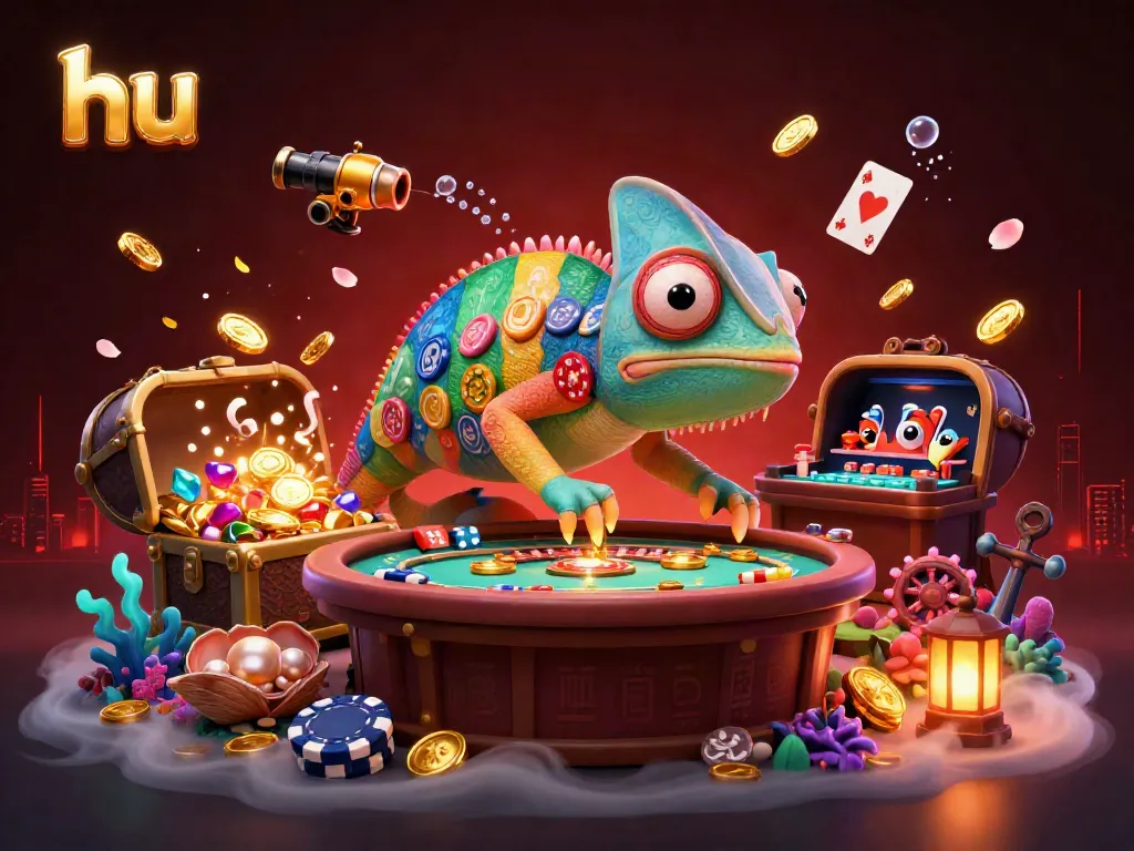 Casino action with hu-themed chameleon, colorful poker chips, and gold coins in dynamic scene
