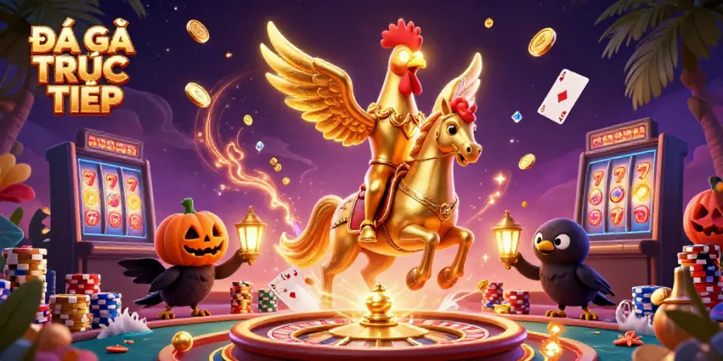 Experience the excitement of ĐÁ GÀ TRỰC TIẾP with golden roosters and vibrant casino elements.