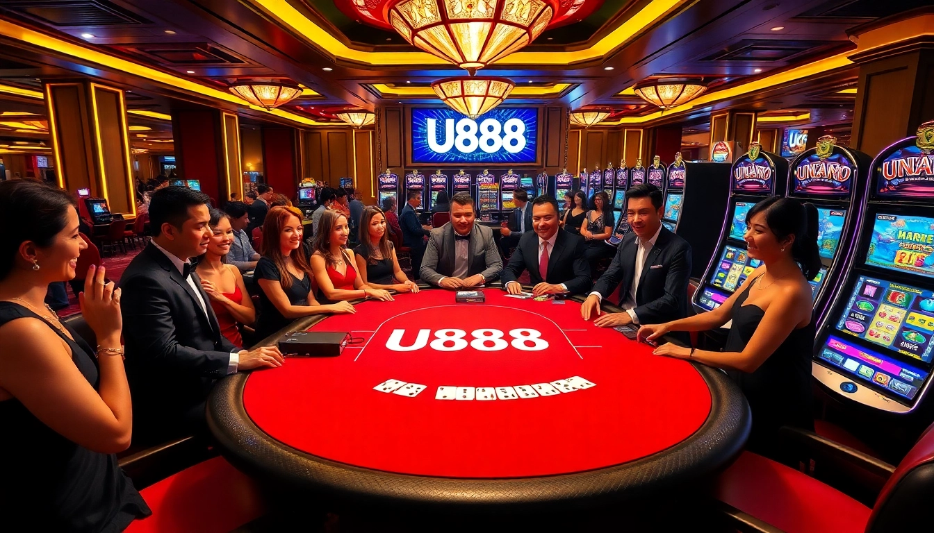 Experience the thrill of U888 at a vibrant poker table with professional dealers and excited players.