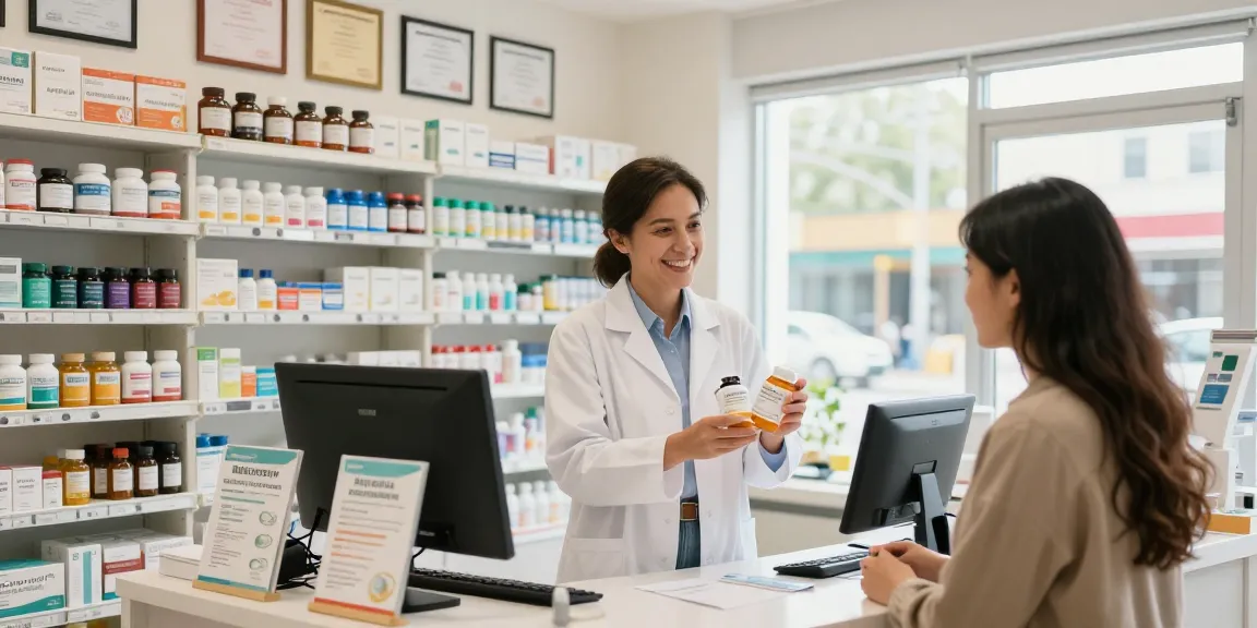 Unieke Pharma Shop met deskundige apotheker die klant advies geeft over gezondheidssupplementen.