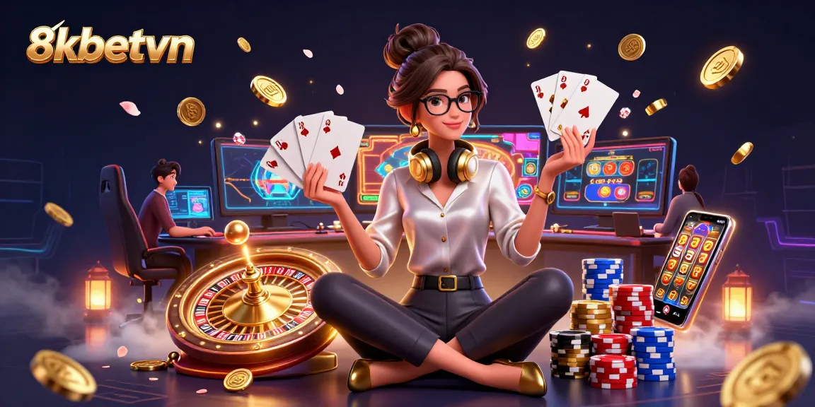 Engage with 8kbetvn at a high-tech casino setup featuring dazzling games and gold coins.