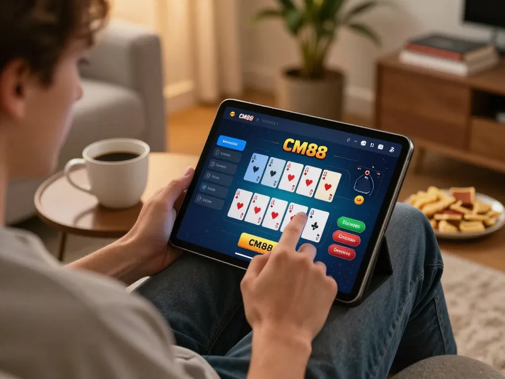 Player enjoying strategic online gaming with the CM88 app in a cozy home environment.