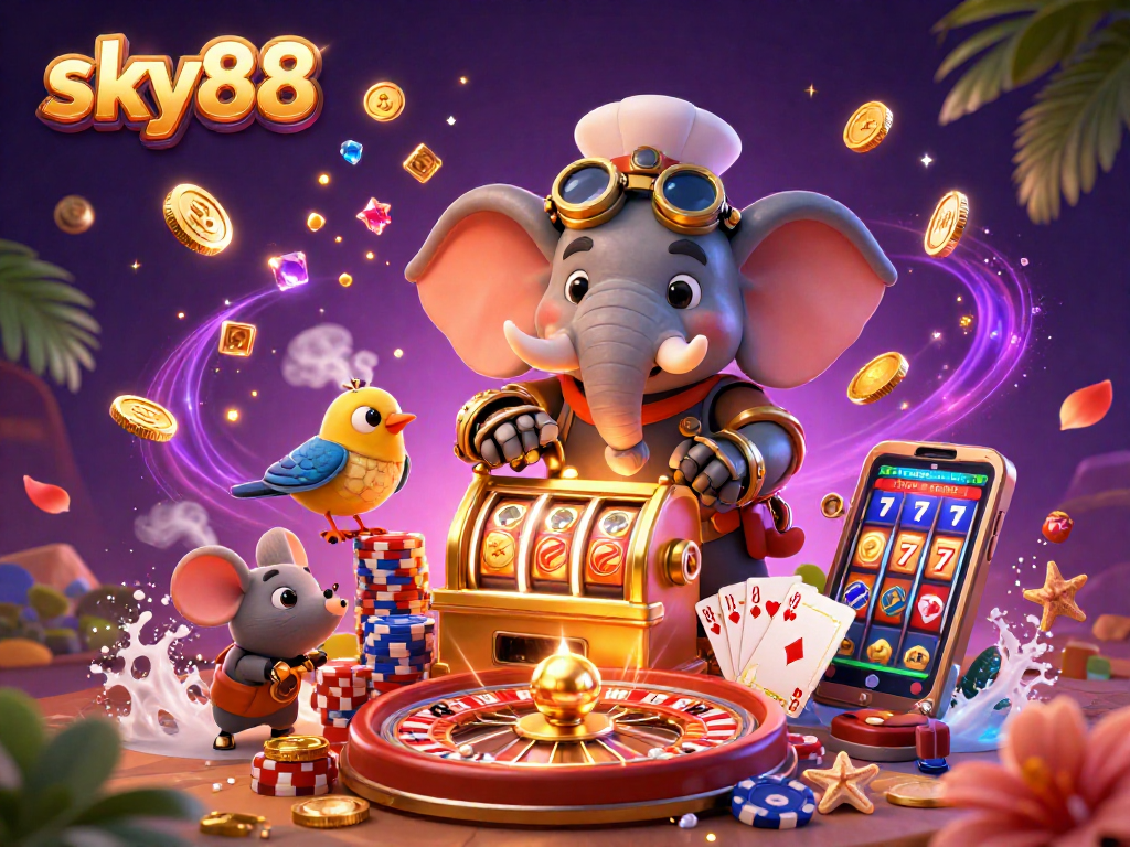 Engage with sky88's exciting casino games featuring a dynamic steampunk elephant and slot machines.