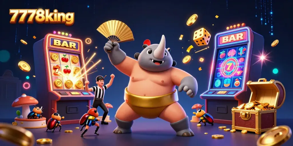 Experience excitement with 7778king's vibrant cartoon scene of a beetle sumo champion amidst flying casino elements.