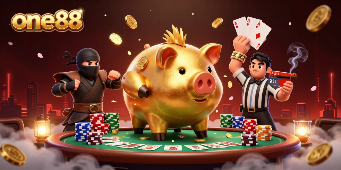 Experience thrilling action at one88 with a golden piggy bank sumo wrestler and dynamic poker elements.