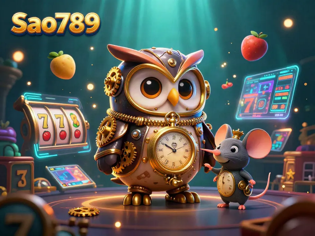 Sao789 showcases a vibrant 3D casino scene featuring a time-traveler owl and dynamic game elements.