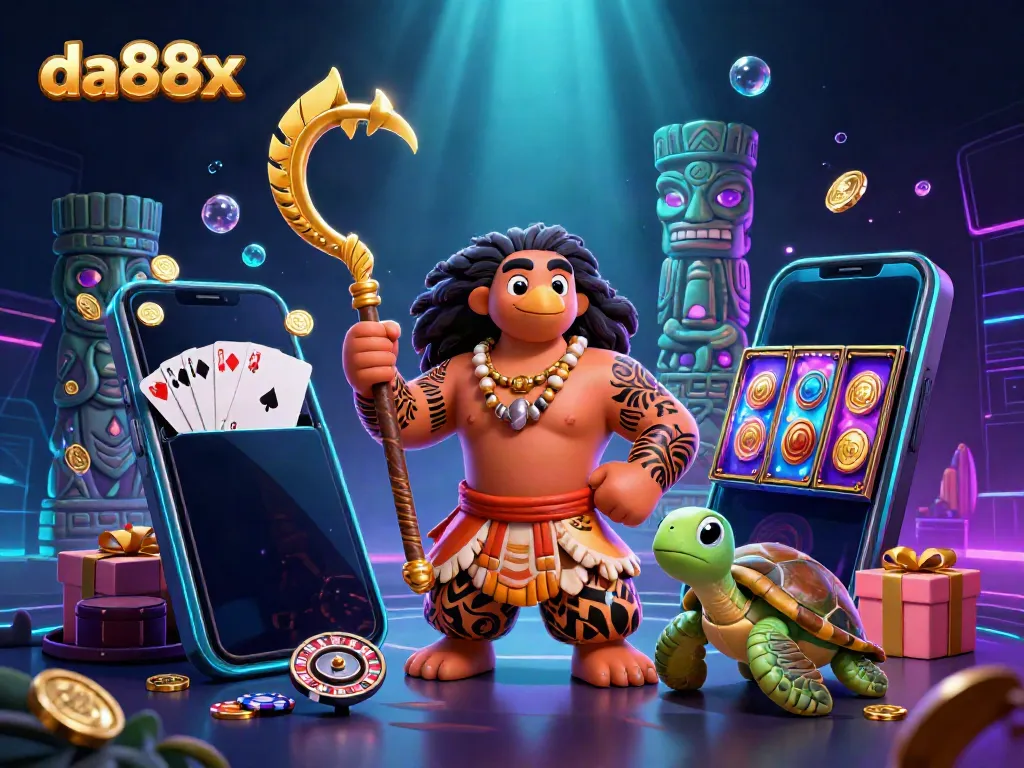 Engage with da88x as you experience vibrant gaming with our demigod and turtle companions in a colorful casino scene.