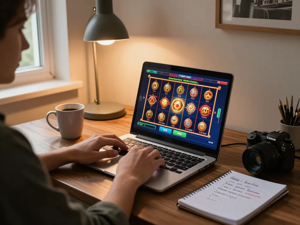 Player enjoying online casino games with 123B on their laptop, showcasing vibrant slot game graphics and cozy home environment.