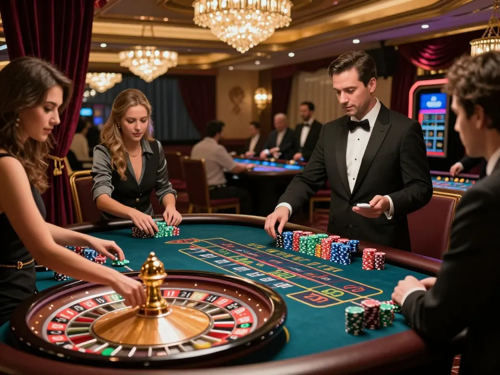 Dynamic roulette game at nhà cái alo8 showcasing players engaged in thrilling betting, vibrant atmosphere and elegant decor.