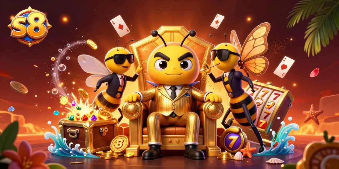 S8 players winning big in a vibrant online casino scene with colorful slot reels and gold coins.