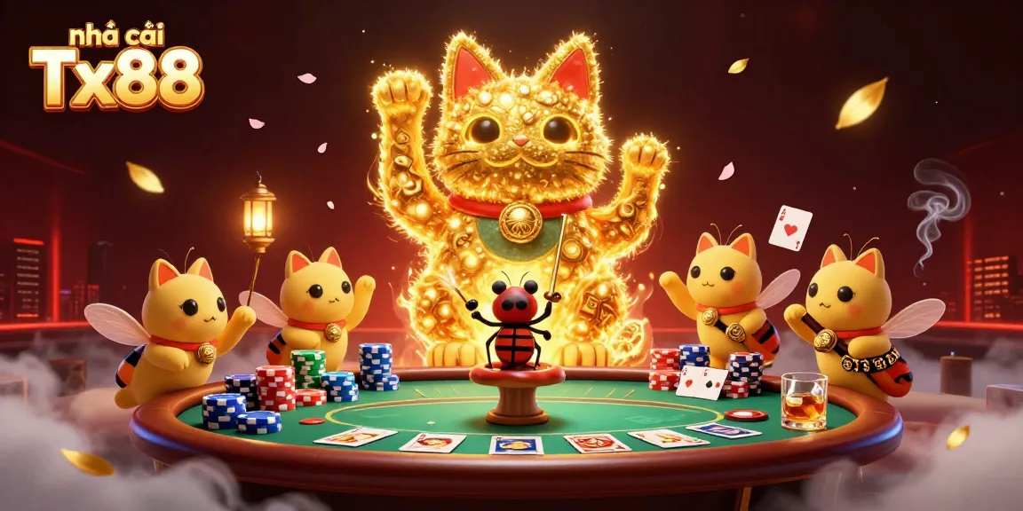 Engage with nhà cái Tx88 through an artistic depiction of a lucky cat and gaming elements in a vibrant casino scene.