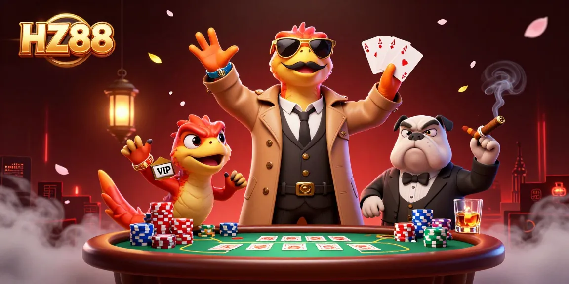 Experience thrilling poker action at HZ88 with vibrant casino elements and engaging characters.