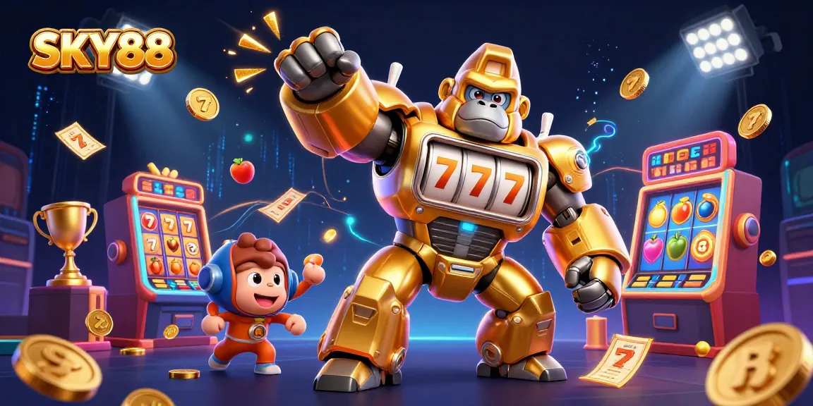 SKY88 transforms your gaming experience with a dynamic golden gorilla mech and slot elements in action.