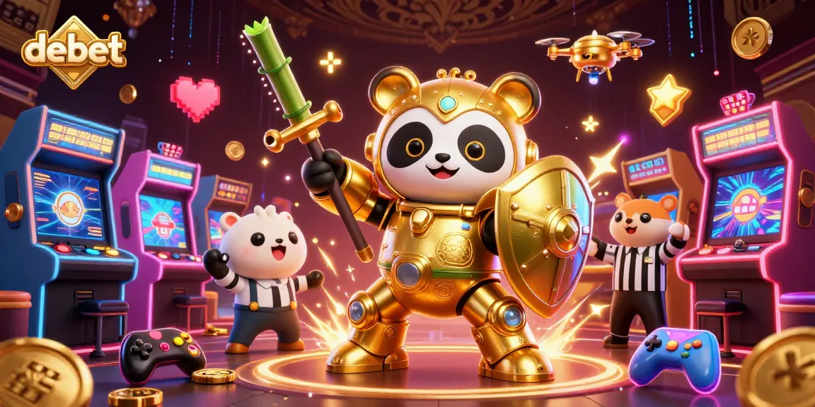 Engage with debet's thrilling casino games alongside a golden panda in a dynamic arena.