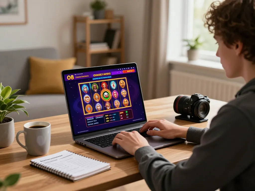 Engaging online gaming moment at O8 casino, showcasing gameplay on laptop with strategic notes.