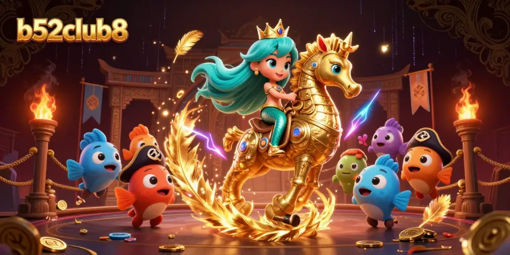 Experience the excitement of b52club8 with a vibrant 3D mermaid and seahorse in an underwater casino.