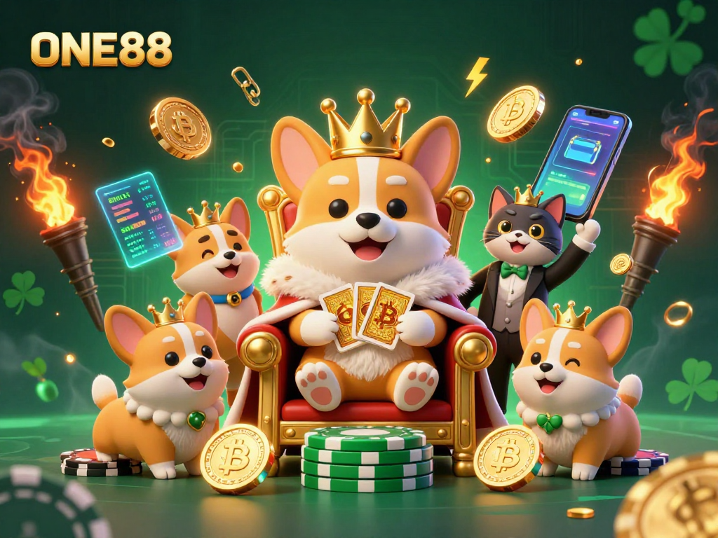 Engage with ONE88's thrilling catapult of winnings through a majestic corgi crown and dazzling golden cards!
