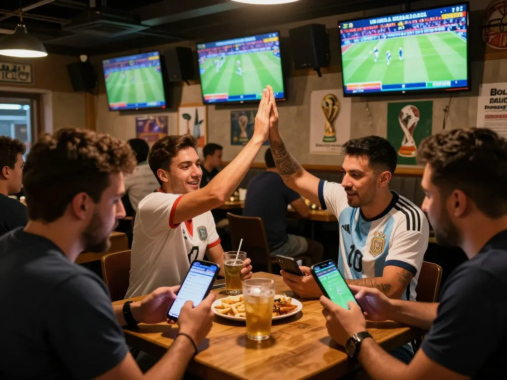 Fans enthusiastically betting on bola piala dunia 2026 in a lively sports bar.