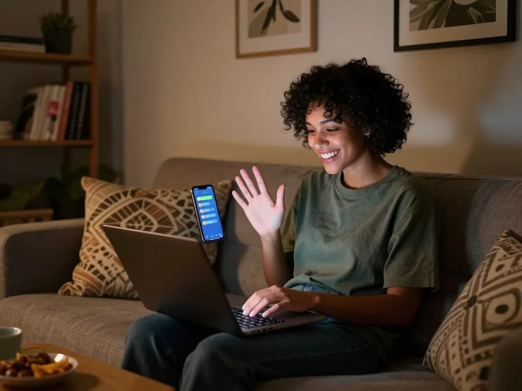 Person enjoying a lively sex chat on a laptop in a cozy, inviting room.