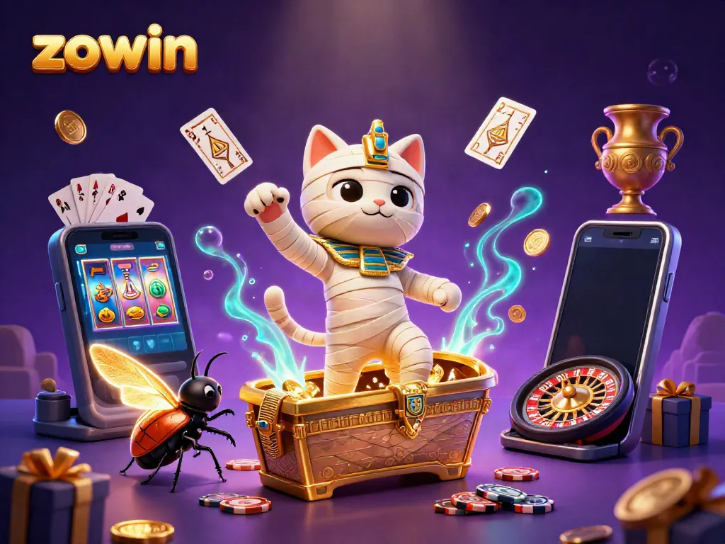 Experience the excitement at ZOWIN with a vibrant scene featuring a mummy cat and games.