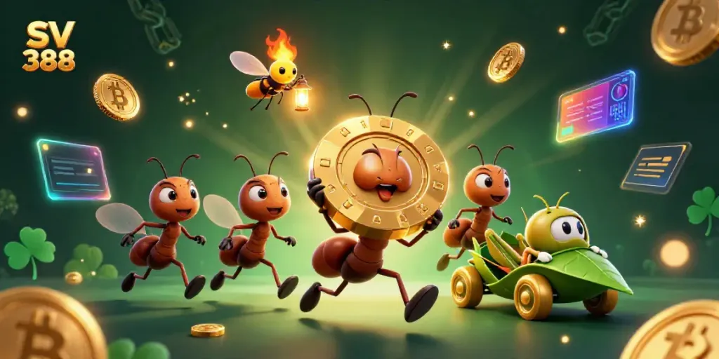 Experience the thrill of SV 388 with our vibrant 3D heist scene featuring cartoon ants and crypto elements.