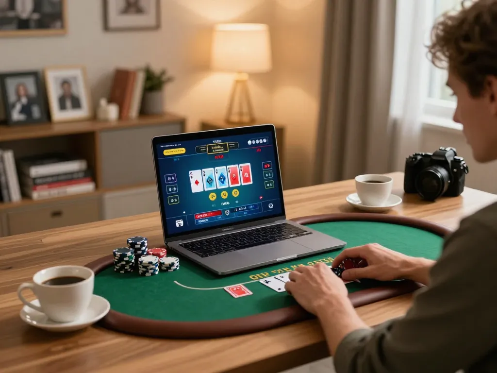 B52CLUB player enjoying live dealer poker at home, showcasing strategic gameplay and personal space