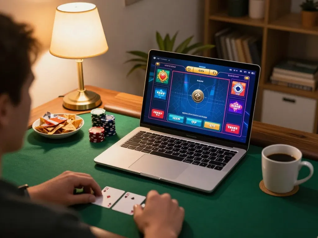 Player enjoying online poker at home with O8's engaging gaming interface.