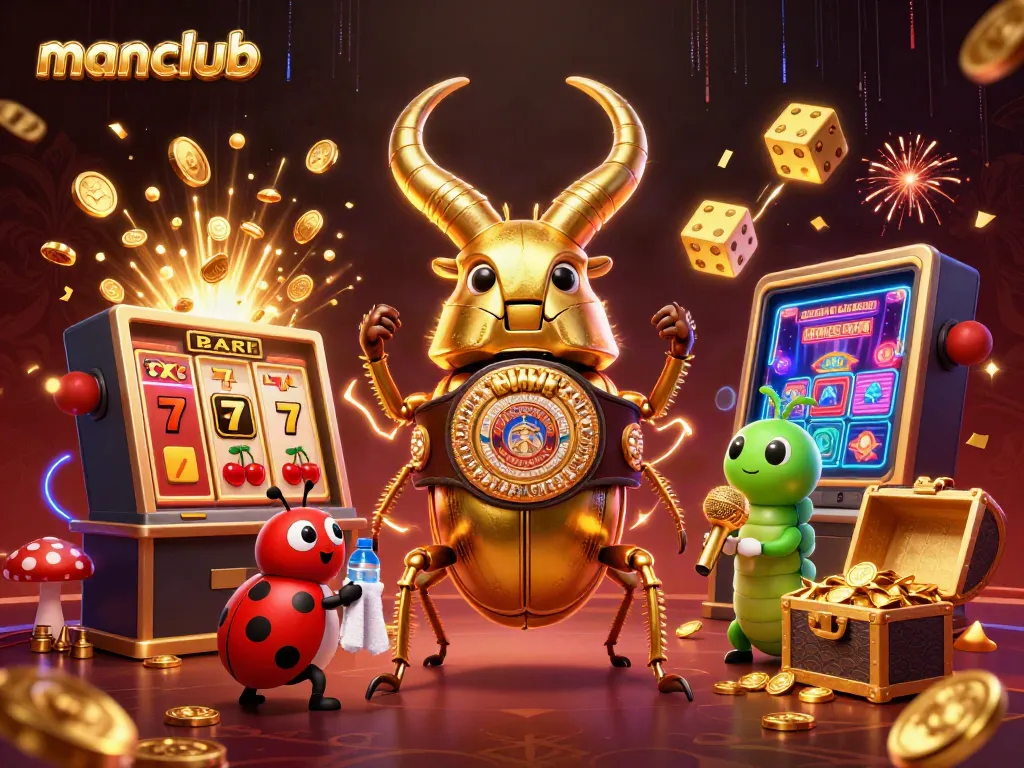 Experience thrilling gameplay at manclub, where a golden stag beetle battles amid jackpots and confetti.