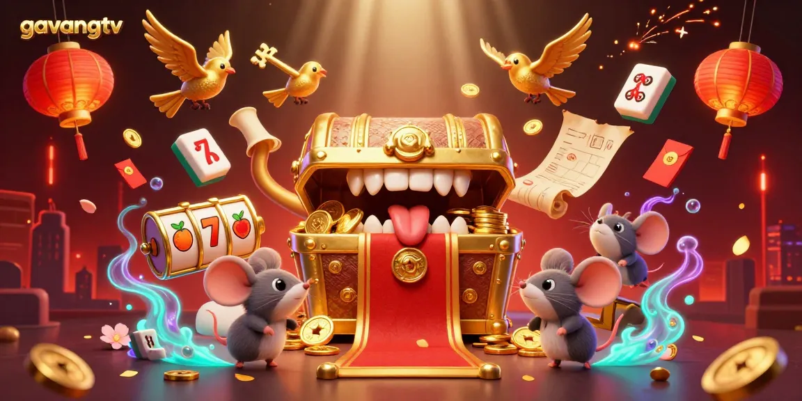 Experience thrilling slots with gavangtv's enchanted treasure chest surrounded by vibrant game elements.